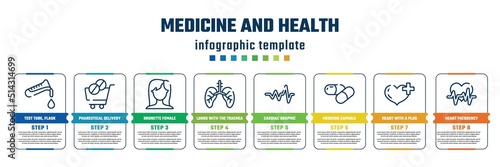 medicine and health concept infographic design template. included test tube, flask and drop of blood, phareutical delivery, brunette female woman long hair, lungs with the trachea, cardiac graphic,