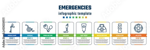 emergencies concept infographic design template. included medical clamp, handicap, spoon and fork, prothesis, baby cream, doctor briefcase, hydratation, life saver icons and 8 steps or options.