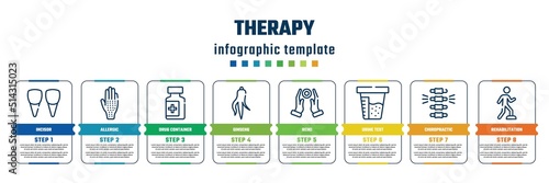 therapy concept infographic design template. included incisor, allergic, drug container, ginseng, reiki, urine test, chiropractic, rehabilitation icons and 8 steps or options.
