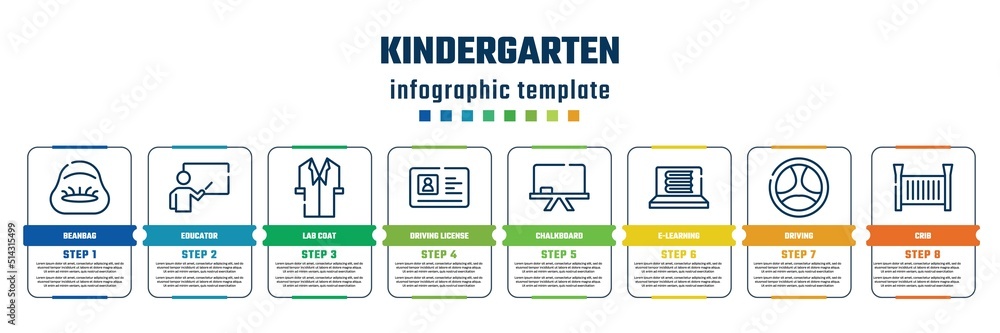 kindergarten concept infographic design template. included beanbag, educator, lab coat, driving license, chalkboard, e-learning, driving, crib icons and 8 steps or options. kindergarten concept infographic design template. included beanbag, educator, lab coat, driving license, chalkboard, e-learning, driving, crib icons and 8 steps or options.