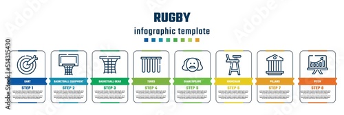 rugby concept infographic design template. included dart, basketball equipment, basketball gear, tubes, shakespeare, highchair, pillars, pitch icons and 8 steps or options.