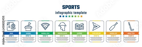 sports concept infographic design template. included grade, sandbox, baseball field, sherlock holmes, yearbook, paper airplane, baseball bat, hockey stick icons and 8 steps or options.