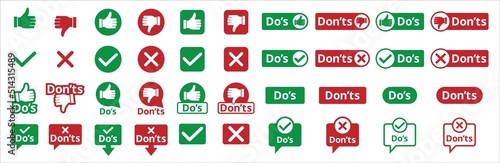 Do's and don'ts icon set. To do and not to do icons. Recommended or not recommended symbol. Assorted symbol of thumb up down. Positive negative signs. Vector stock illustration.