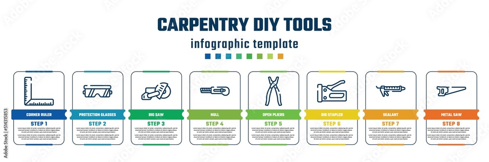 carpentry diy tools concept infographic design template. included corner ruler, protection glasses, big saw, null, open pliers, big stapler, sealant, metal saw icons and 8 steps or options.