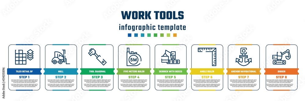 work tools concept infographic design template. included tiles detail of construction, null, tool diagonal, five meters ruler, derrick with boxes, angle ruler, anchor navigational tool, digger icons