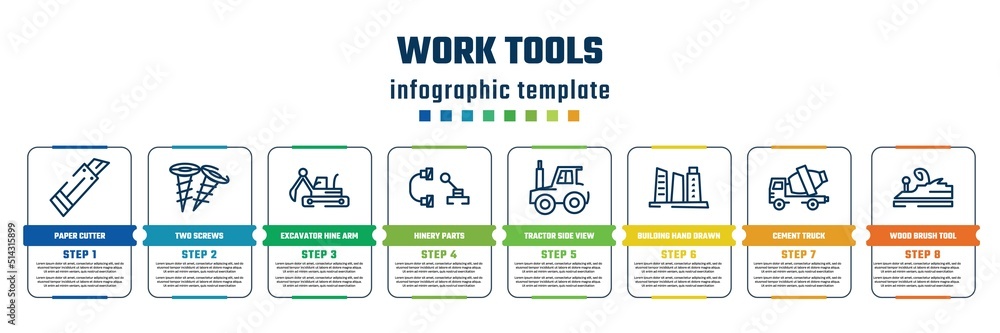 work tools concept infographic design template. included paper cutter, two screws, excavator hine arm, hinery parts, tractor side view, building hand drawn tower, cement truck, wood brush tool icons work tools concept infographic design template. included paper cutter, two screws, excavator hine arm, hinery parts, tractor side view, building hand drawn tower, cement truck, wood brush tool icons