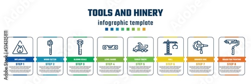 tools and hinery concept infographic design template. included inflamable, wood cutter, sliding scale, level gauge, tipper truck, null, grinder hine, brush for painting icons and 8 steps or options.