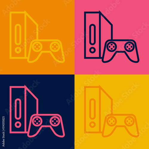 Pop art line Video game console with joystick icon isolated on color background. Vector