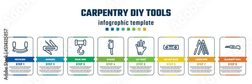 carpentry diy tools concept infographic design template. included mezzaluna, jackknife, crane hook, cleaver, left glove, balance ruler, ladder open, stationery knife icons and 8 steps or options.