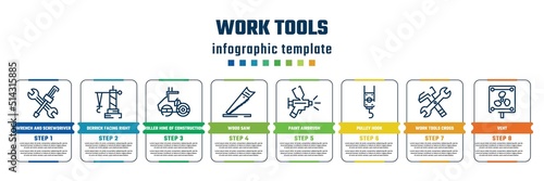 work tools concept infographic design template. included wrench and screwdriver cross, derrick facing right, roller hine of construction, wood saw, paint airbrush, pulley hook, work tools cross,