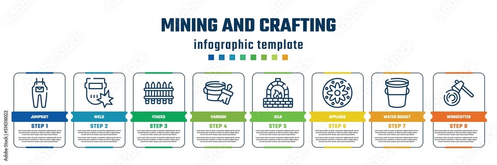 mining and crafting concept infographic design template. included jumpsuit, weld, fences, varnish, kiln, applique, water bucket, woodcutter icons and 8 steps or options. mining and crafting concept infographic design template. included jumpsuit, weld, fences, varnish, kiln, applique, water bucket, woodcutter icons and 8 steps or options.