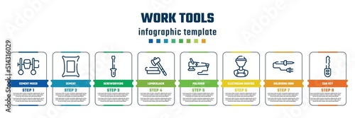 work tools concept infographic design template. included cement mixer, cement, screwdrivers, lumberjack, polisher, electrician service, soldering iron, car key icons and 8 steps or options.