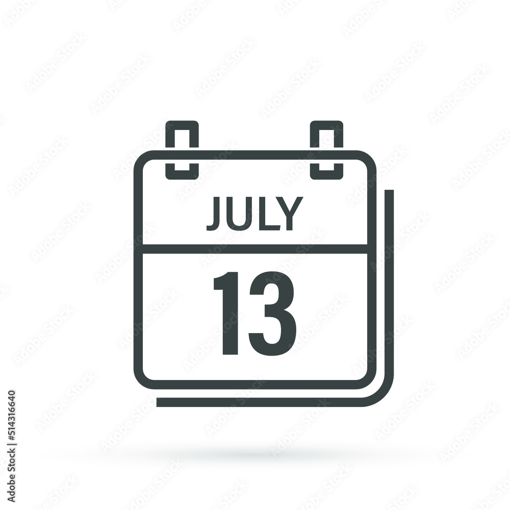 Calendar icon with shadow. July 13, Day, month. Flat vector illustration. Calendar icon with shadow. July 13, Day, month. Flat vector illustration.