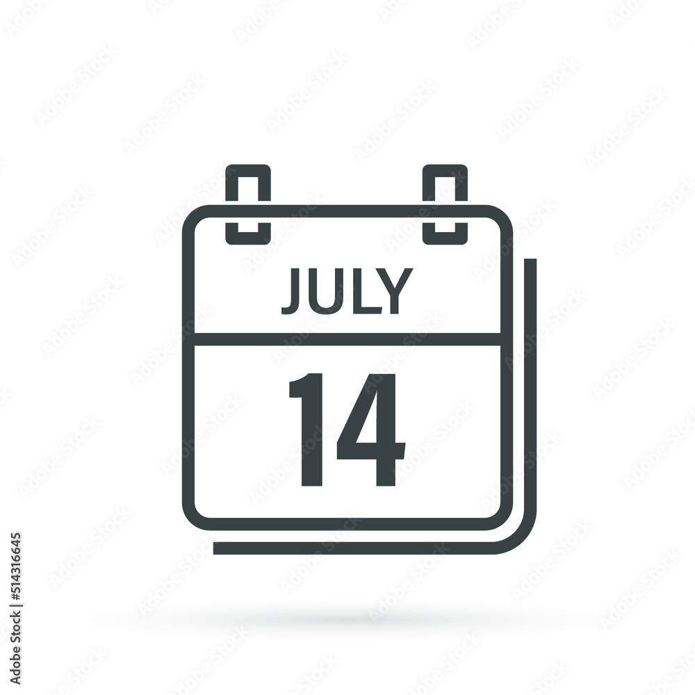 Calendar icon with shadow. July 14, Day, month. Flat vector illustration. Calendar icon with shadow. July 14, Day, month. Flat vector illustration.