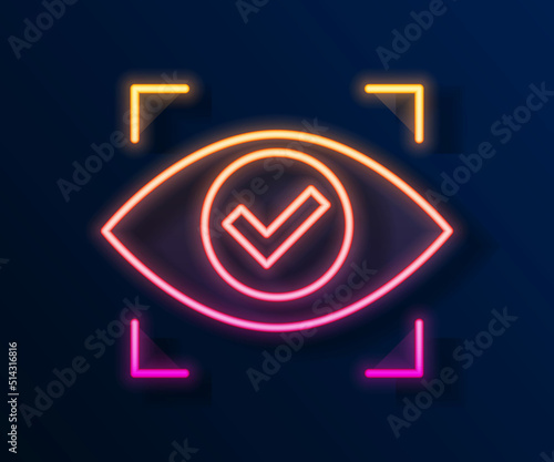 Glowing neon line Eye scan icon isolated on black background. Scanning eye. Security check symbol. Cyber eye sign. Vector