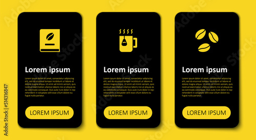 Set Coffee beans, Cup tea with bag and book. Business infographic template. Vector