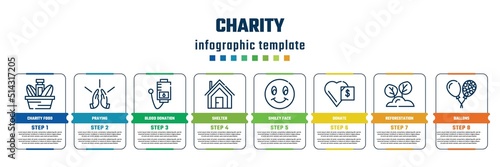 charity concept infographic design template. included charity food, praying, blood donation, shelter, smiley face, donate, reforestation, ballons icons and 8 steps or options.