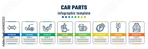 car parts concept infographic design template. included car indicator, car exhaust, mud flap, choke, wheel nut, parking light, ignition, bucket seat icons and 8 steps or options.
