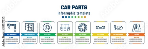 car parts concept infographic design template. included car torsion bar, car reversing light, clutch, pedal, bearing, bumper, wing mirror, cowl icons and 8 steps or options.