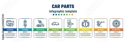 car parts concept infographic design template. included car demister, car silencer, seat belt or safety belt, brake pad, transmission, brake light, towbar, spare wheel icons and 8 steps or options.
