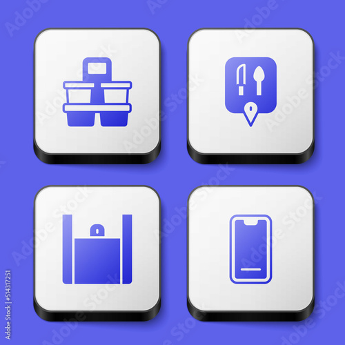 Set Coffee cup to go, Cafe and restaurant location, Online ordering food and Food mobile icon. White square button. Vector