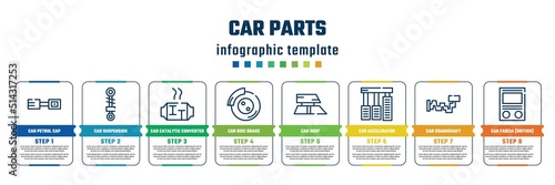 car parts concept infographic design template. included car petrol cap, car suspension, catalytic converter, disc brake, roof, accelerator, crankshaft, fascia (british) icons and 8 steps or options.