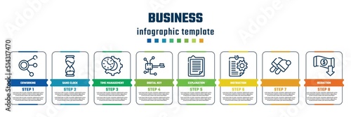 business concept infographic design template. included coworking, sand clock, time management, digital key, explanation, instruction, , reduction icons and 8 steps or options.