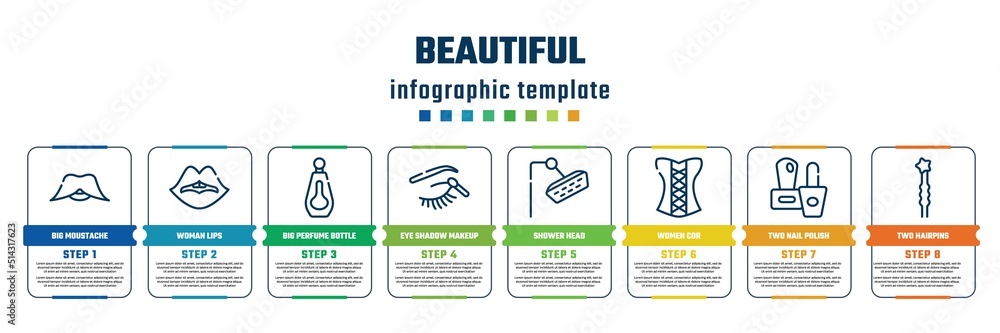 beautiful concept infographic design template. included big moustache, woman lips, big perfume bottle, eye shadow makeup, shower head, women cor, two nail polish, two hairpins icons and 8 steps or beautiful concept infographic design template. included big moustache, woman lips, big perfume bottle, eye shadow makeup, shower head, women cor, two nail polish, two hairpins icons and 8 steps or
