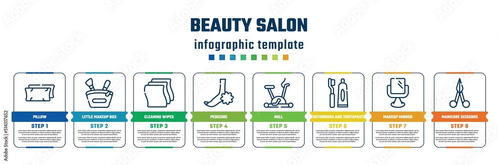beauty salon concept infographic design template. included pillow, little makeup box, cleaning wipes, pedicure, null, toothbrush and toothpaste, makeup mirror, manicure scissors icons and 8 steps or beauty salon concept infographic design template. included pillow, little makeup box, cleaning wipes, pedicure, null, toothbrush and toothpaste, makeup mirror, manicure scissors icons and 8 steps or