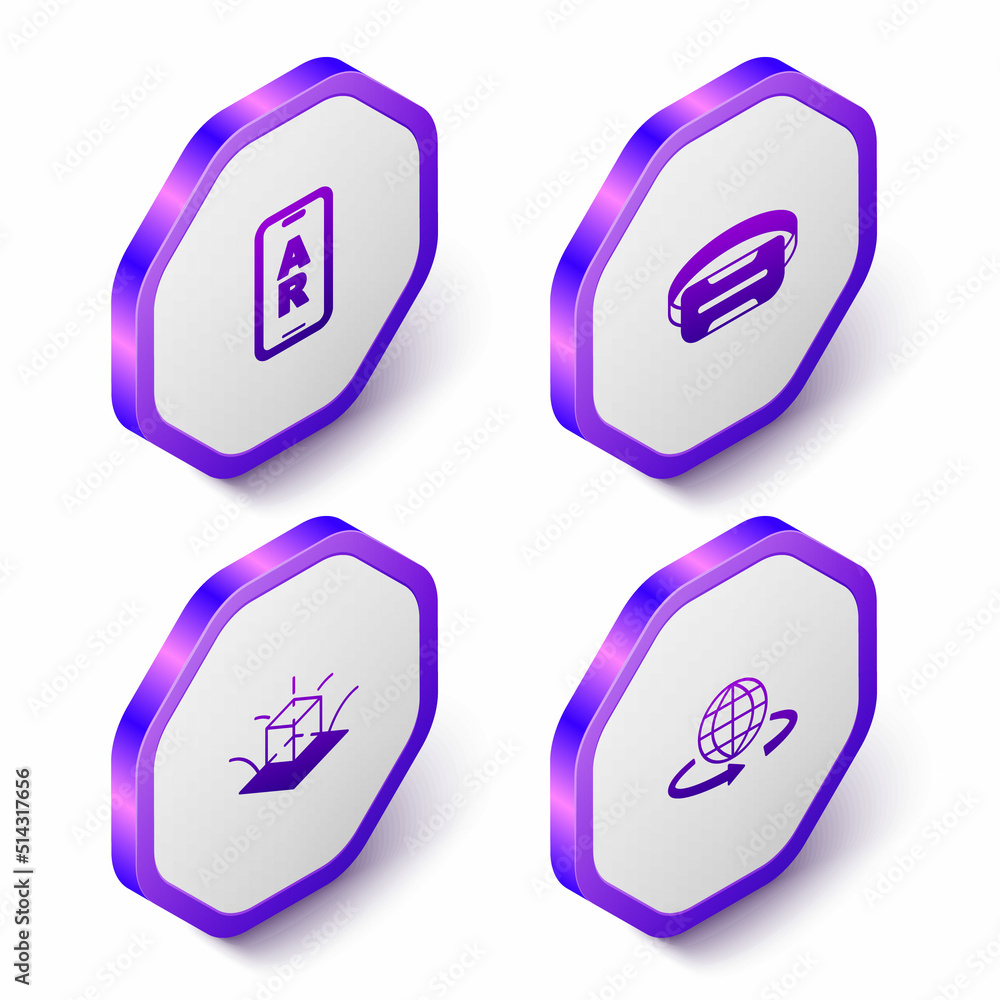 Set Isometric Augmented reality AR, Virtual glasses, 3d modeling and icon. Purple hexagon button. Vector Set Isometric Augmented reality AR, Virtual glasses, 3d modeling and icon. Purple hexagon button. Vector