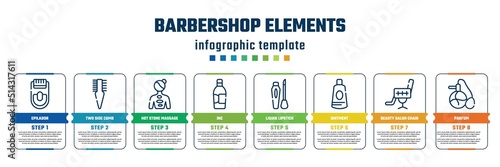 barbershop elements concept infographic design template. included epilador, two side comb, hot stone massage, inc, liquid lipstick, ointment, beauty salon chair, parfum icons and 8 steps or options.