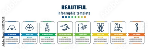 beautiful concept infographic design template. included big moustache, woman lips, big perfume bottle, eye shadow makeup, shower head, women cor, two nail polish, two hairpins icons and 8 steps or