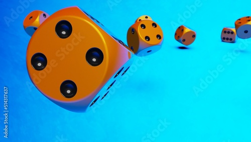 Rolling orange-black dices under blue lighting background. Conceptual 3D illustration of establishment statistics, business opportunities, life crossroads and horse race gambling.