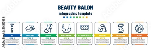 beauty salon concept infographic design template. included inc, folded towel, high heel, women brassiere, eye shadow pallette, three stones, matte powder, big scale icons and 8 steps or options.