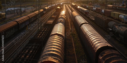 railroad yard with goods on trains photo