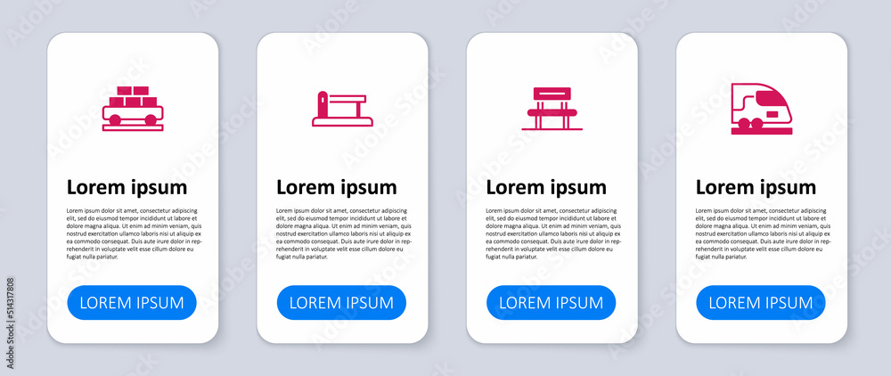 Set High-speed train, Waiting hall, Railway barrier and Cargo wagon. Business infographic template. Vector Set High-speed train, Waiting hall, Railway barrier and Cargo wagon. Business infographic template. Vector