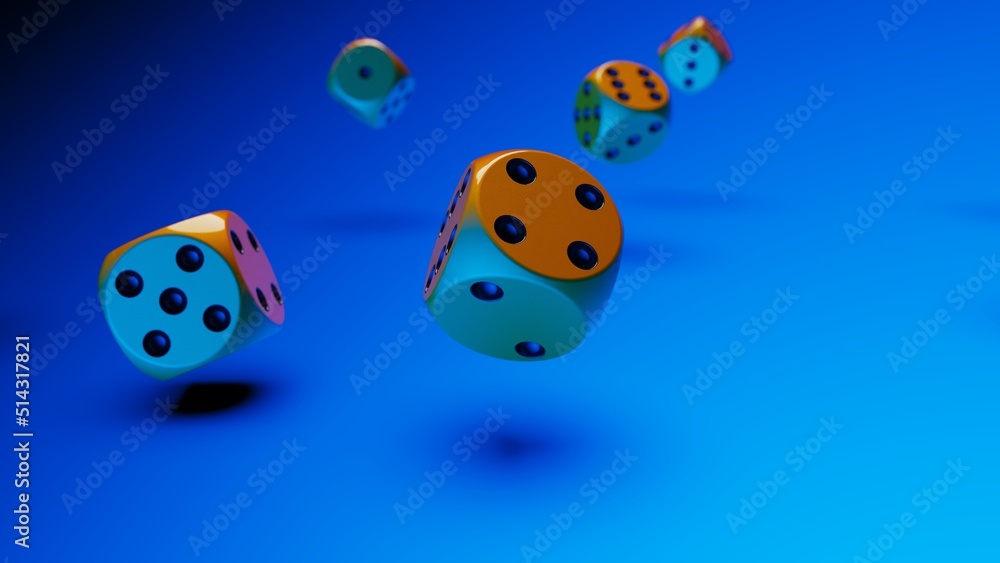 Naklejka premium Rolling orange-black dices under blue lighting background. Conceptual 3D illustration of establishment statistics, business opportunities, life crossroads and horse race gambling.