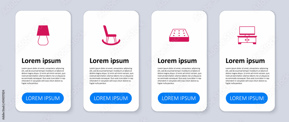 Set TV table stand, Mattress, Armchair and Table lamp. Business infographic template. Vector Set TV table stand, Mattress, Armchair and Table lamp. Business infographic template. Vector