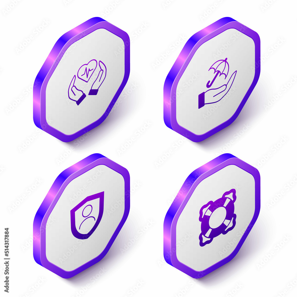 Set Isometric Life insurance, Umbrella hand, with shield and Lifebuoy icon. Purple hexagon button. Vector Set Isometric Life insurance, Umbrella hand, with shield and Lifebuoy icon. Purple hexagon button. Vector