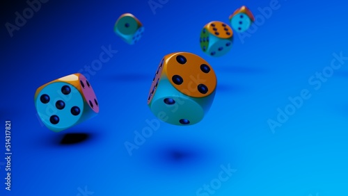 Rolling orange-black dices under blue lighting background. Conceptual 3D illustration of establishment statistics, business opportunities, life crossroads and horse race gambling.