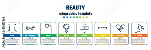 beauty concept infographic design template. included tall hat, cat eye glasses, monocle, femenine, band aid, lashes, health care, hygienic icons and 8 steps or options.