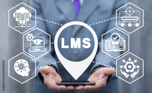 Concept of LMS Learning Management System. E-Learning software application for administration, documentation, tracking, reporting, automation and delivery of educational courses.