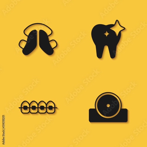 Set Dental tooth plate, Otolaryngological head reflector, Teeth with braces and Tooth whitening icon with long shadow. Vector