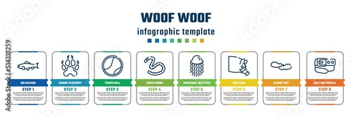 woof woof concept infographic design template. included big salmon, canine pawprint, tennis ball, earth worm, swimming jellyfish, hog head, cloudy sky, belt and buckle icons and 8 steps or options.