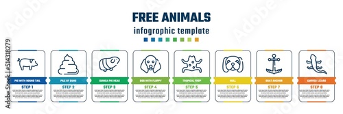 free animals concept infographic design template. included pig with round tail, pile of dung, guinea pig heag, dog with floppy ears, tropical frop, null, boat anchor, curved lizard icons and 8 steps