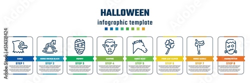 halloween concept infographic design template. included eagle, horse rocker black, mummy, vampire, horse head, four leaf clover, horse saddle, frankenstein icons and 8 steps or options.