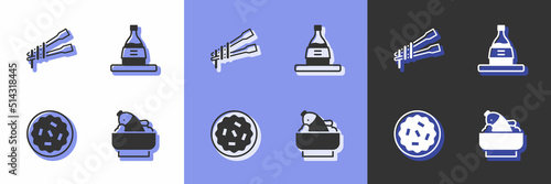 Set Rice with fish in a bowl, Food chopsticks noodles, Homemade pie and Bottle of sake icon. Vector