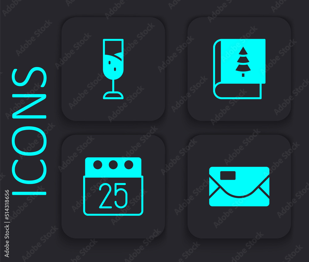 Set Envelope, Glass of champagne, Christmas book and day calendar icon. Black square button. Vector Set Envelope, Glass of champagne, Christmas book and day calendar icon. Black square button. Vector