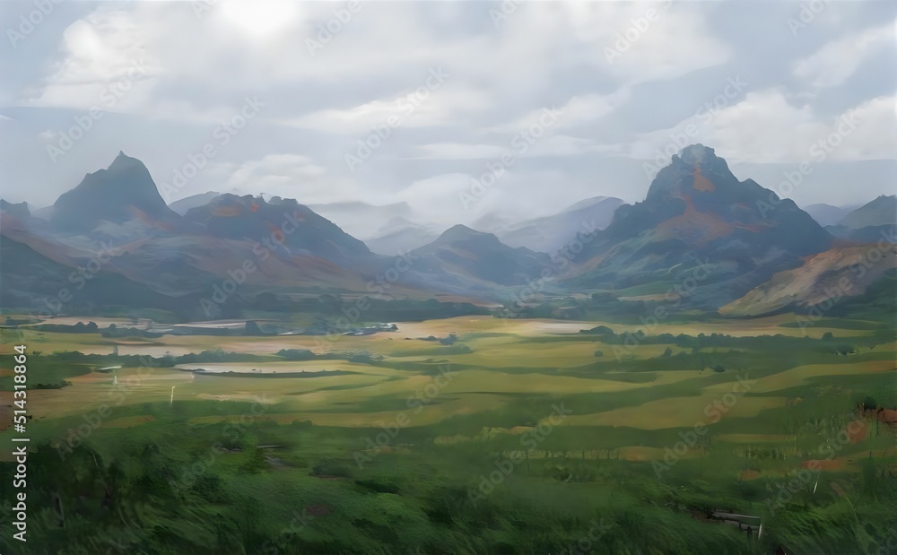 green field with mountains in the background green field with mountains in the background