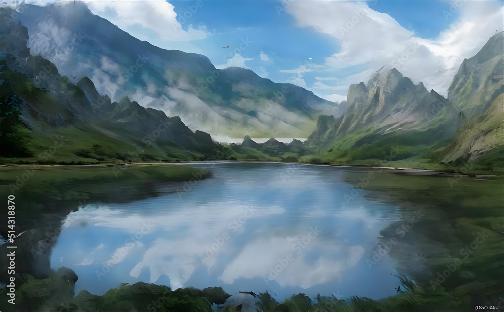 illustration of a lake surrounded by mountains